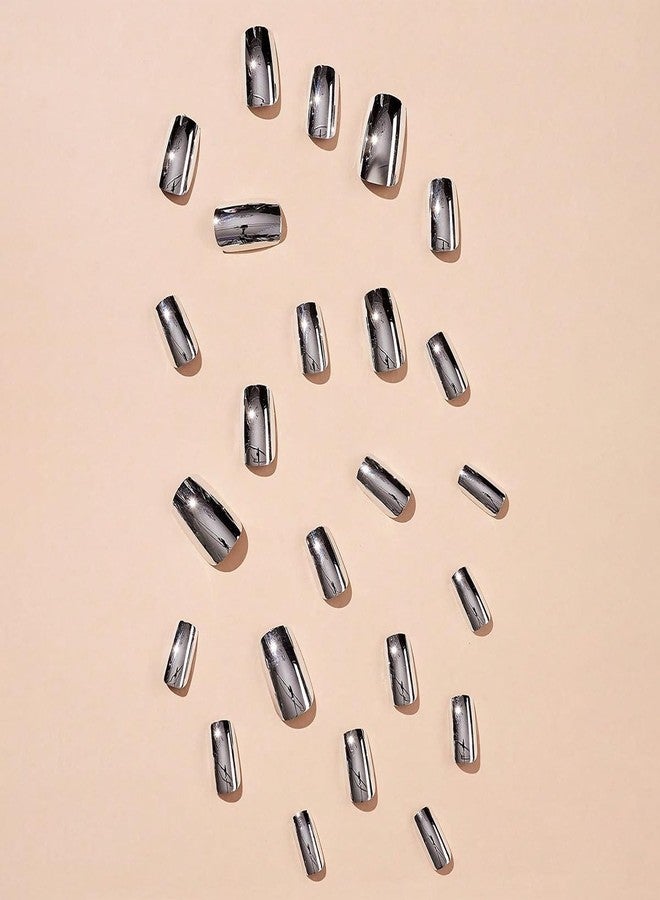 CTTHNBD Silver Press on Nails Square - Medium Fake Nails with Chrome Design - Solid Color Full Cover Stick on False Nails - for Women 24 Pcs - Image 2